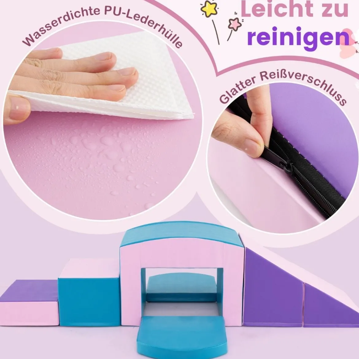 6 TLG. Schaumstoffbausteine Softbausteine mit Tunne Treppe & Rampe Bunt/Blau+Lila mit Klettverschlüsse