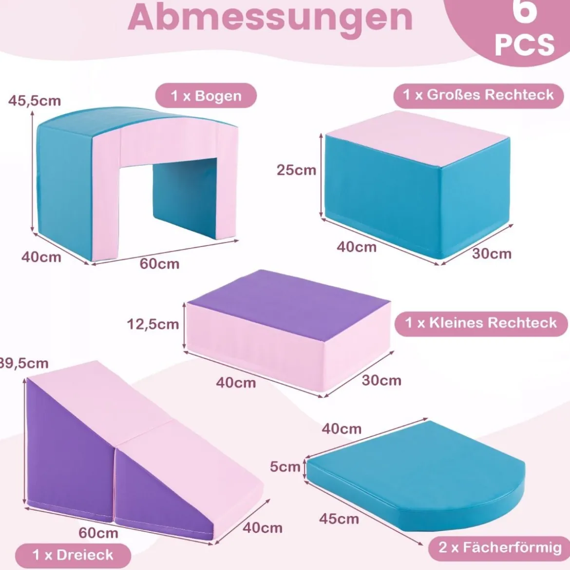 6 TLG. Schaumstoffbausteine Softbausteine mit Tunne Treppe & Rampe Bunt/Blau+Lila mit Klettverschlüsse