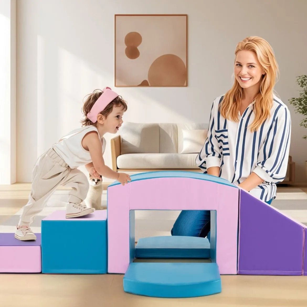 6 TLG. Schaumstoffbausteine Softbausteine mit Tunne Treppe & Rampe Bunt/Blau+Lila mit Klettverschlüsse