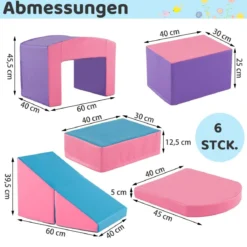 6 TLG. Schaumstoffbausteine Softbausteine mit Tunne Treppe & Rampe Bunt/Blau+Lila mit Klettverschlüsse