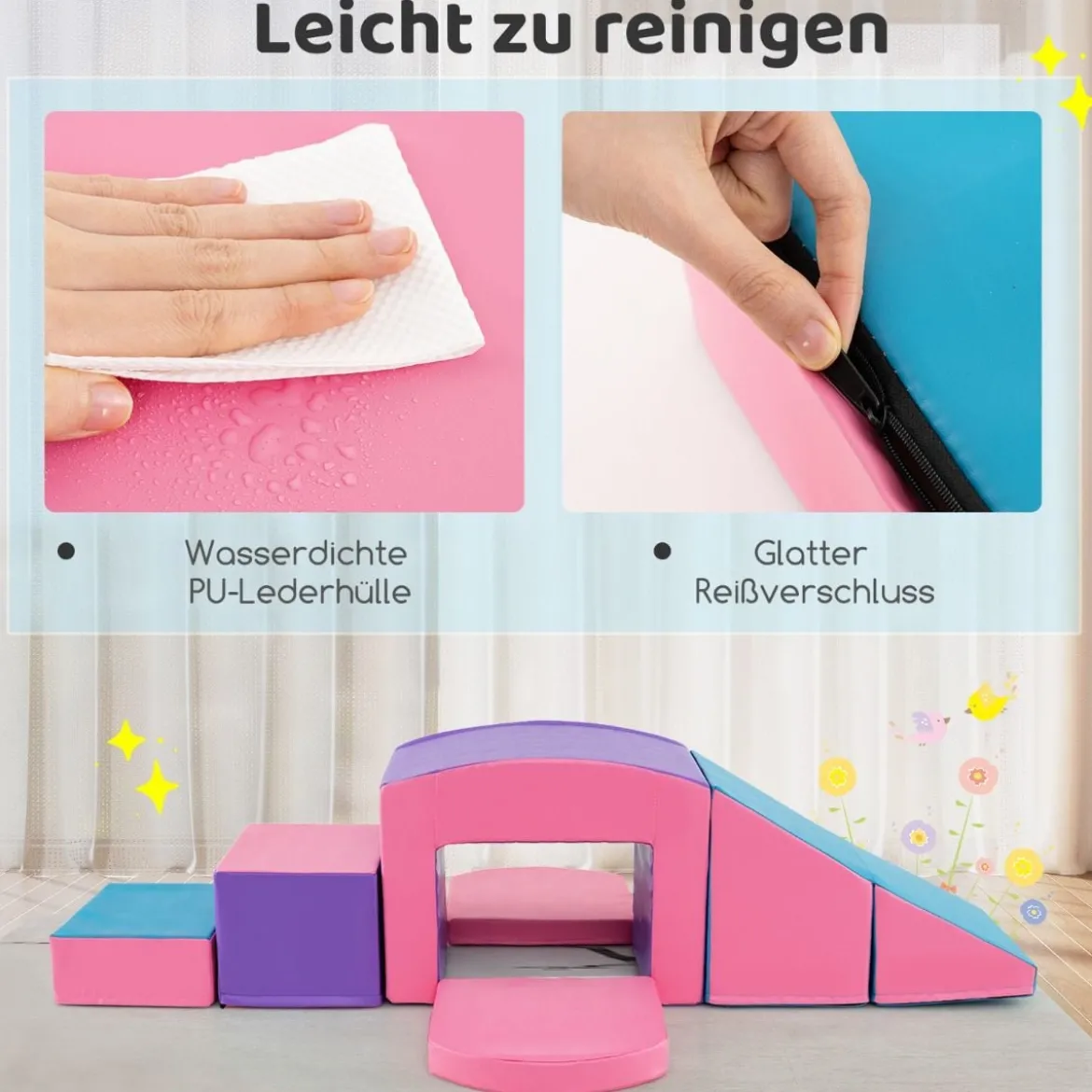 6 TLG. Schaumstoffbausteine Softbausteine mit Tunne Treppe & Rampe Bunt/Blau+Lila mit Klettverschlüsse