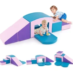 6 TLG. Schaumstoffbausteine Softbausteine mit Tunne Treppe & Rampe Bunt/Blau+Lila mit Klettverschlüsse