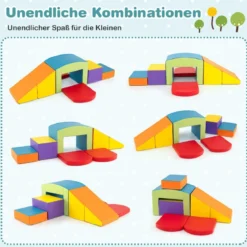 6 TLG. Schaumstoffbausteine Softbausteine mit Tunne Treppe & Rampe Bunt/Blau+Lila mit Klettverschlüsse