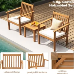 3tlg. Terrassenmöbel-Set aus Akazienholz 2 Gartenstühle mit Kissen & Kaffeetisch Bistroset