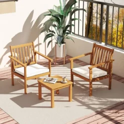 3tlg. Terrassenmöbel-Set aus Akazienholz 2 Gartenstühle mit Kissen & Kaffeetisch Bistroset