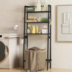 Toilettenregal freistehend Badezimmerregal mit verstellbaren Regalen 65 x 28 x 159 cm Schwarz