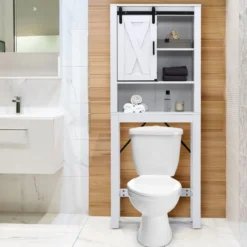 Toilettenschrank aus Holz mit Schiebetür & 3-fach Verstellbaren Regalböden Weiß