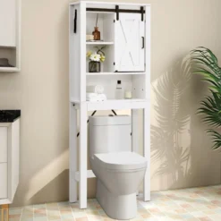 Toilettenschrank aus Holz mit Schiebetür & 3-fach Verstellbaren Regalböden Weiß