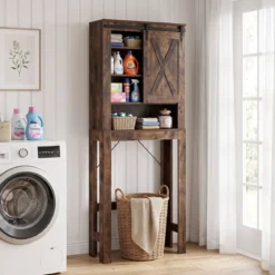 Toilettenschrank aus Holz mit Schiebetür & 4-Fach Verstellbaren Regalböden Braun