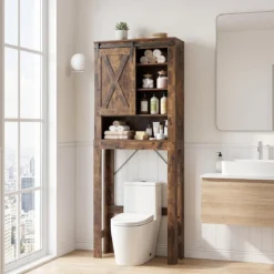 Toilettenschrank aus Holz mit Schiebetür & 4-Fach Verstellbaren Regalböden Braun