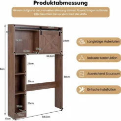 Toilettenschrank aus Holz Toilettenregal mit Schiebetür 84 x 17 x 128 cm Braun
