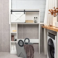 Toilettenschrank aus Holz Toilettenregal mit Schiebetür 84 x 17 x 128 cm Weiß