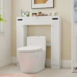 Toilettenschrank über Toilette Aufbewahrungsschrank mit Toilettenpapierhaltern Klapptür & verstellbaren Regalen Weiß
