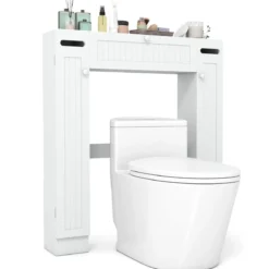 Toilettenschrank über Toilette Aufbewahrungsschrank mit Toilettenpapierhaltern Klapptür & verstellbaren Regalen Weiß
