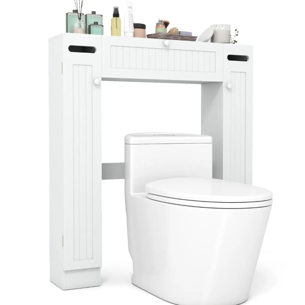 Toilettenschrank über Toilette Aufbewahrungsschrank mit Toilettenpapierhaltern Klapptür & verstellbaren Regalen Weiß