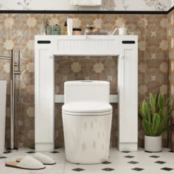 Toilettenschrank über Toilette Aufbewahrungsschrank mit Toilettenpapierhaltern Klapptür & verstellbaren Regalen Weiß