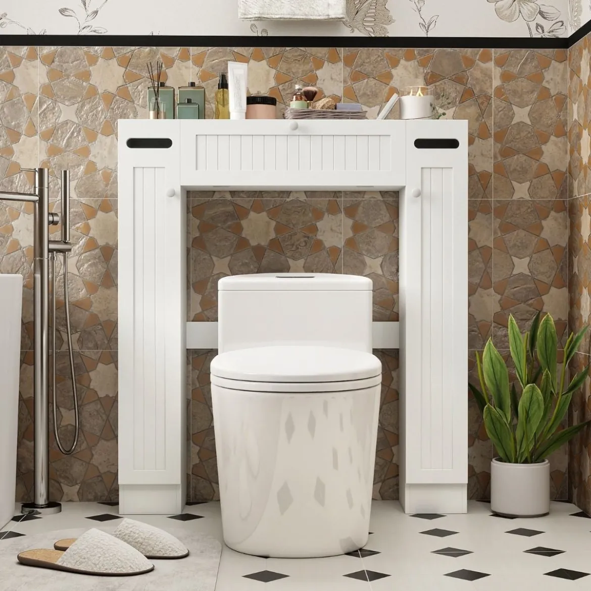 Toilettenschrank über Toilette Aufbewahrungsschrank mit Toilettenpapierhaltern Klapptür & verstellbaren Regalen Weiß