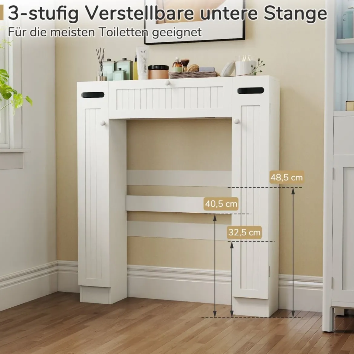Toilettenschrank über Toilette Aufbewahrungsschrank mit Toilettenpapierhaltern Klapptür & verstellbaren Regalen Weiß