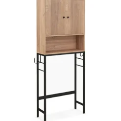 Toilettenschrank freistehend Toilettenregal mit 2 Türen & 2 Haken 63 x 23 x 165,5 cm Weiß/Natur