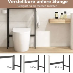 Toilettenschrank freistehend Toilettenregal mit 2 Türen & 2 Haken 63 x 23 x 165,5 cm Weiß/Natur