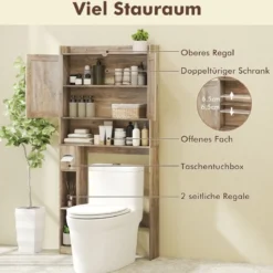 Toilettenschrank mit Doppeltüren & Toilettenpapierhalter & Verstellbarem Fach Grau