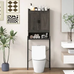 Toilettenschrank mit Doppeltüren & Verstellbaren Regalen Badezimmerschrank Toilettenregal Grau