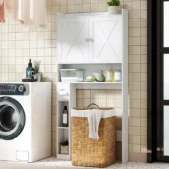 Toilettenschrank mit Doppeltüren & Toilettenpapierhalter & Verstellbarem Fach Weiß