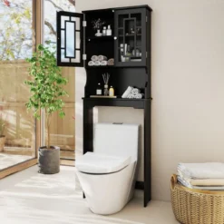 Toilettenschrank mit 3 Regalen Badezimmerregal Waschmaschinenschrank Toilettenregal Schwarz