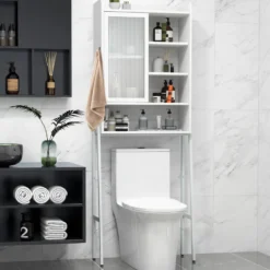 Toilettenschrank mit Schiebetür aus Acryl & Verstellbaren Regalen 63 x 29 x 170 cm Weiß