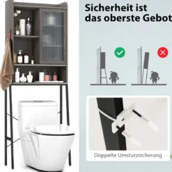 Toilettenschrank mit Schiebetür aus Acryl & Verstellbaren Regalen 63 x 29 x 170 cm Grau