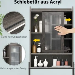 Toilettenschrank mit Schiebetür aus Acryl & Verstellbaren Regalen 63 x 29 x 170 cm Grau