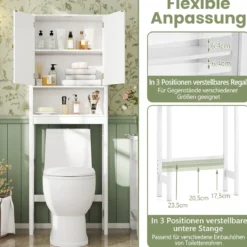 Toilettenschrank mit Türen & Verstellbarem Fach & Unterer Stange Platzsparendes Toilettenregal Weiß