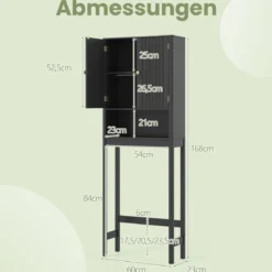 Toilettenschrank mit Türen & Verstellbarem Fach & Unterer Stange Platzsparendes Toilettenregal Schwarz