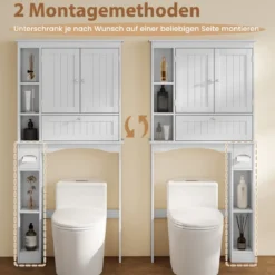 Toilettenschrank mit 3 Türen & Verstellbaren Regalböden Holz Toilettenregal Weiß