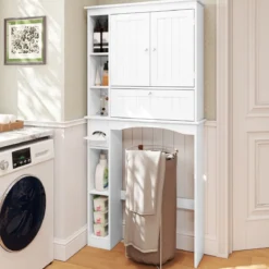 Toilettenschrank mit 3 Türen & Verstellbaren Regalböden Holz Toilettenregal Weiß