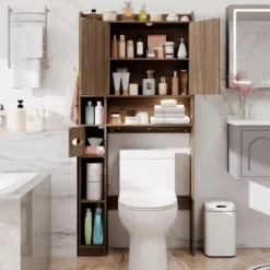 Toilettenschrank mit 2-Türschrank & 6 Offenen Fächern & Taschentuchbox Überbauschrank Grau