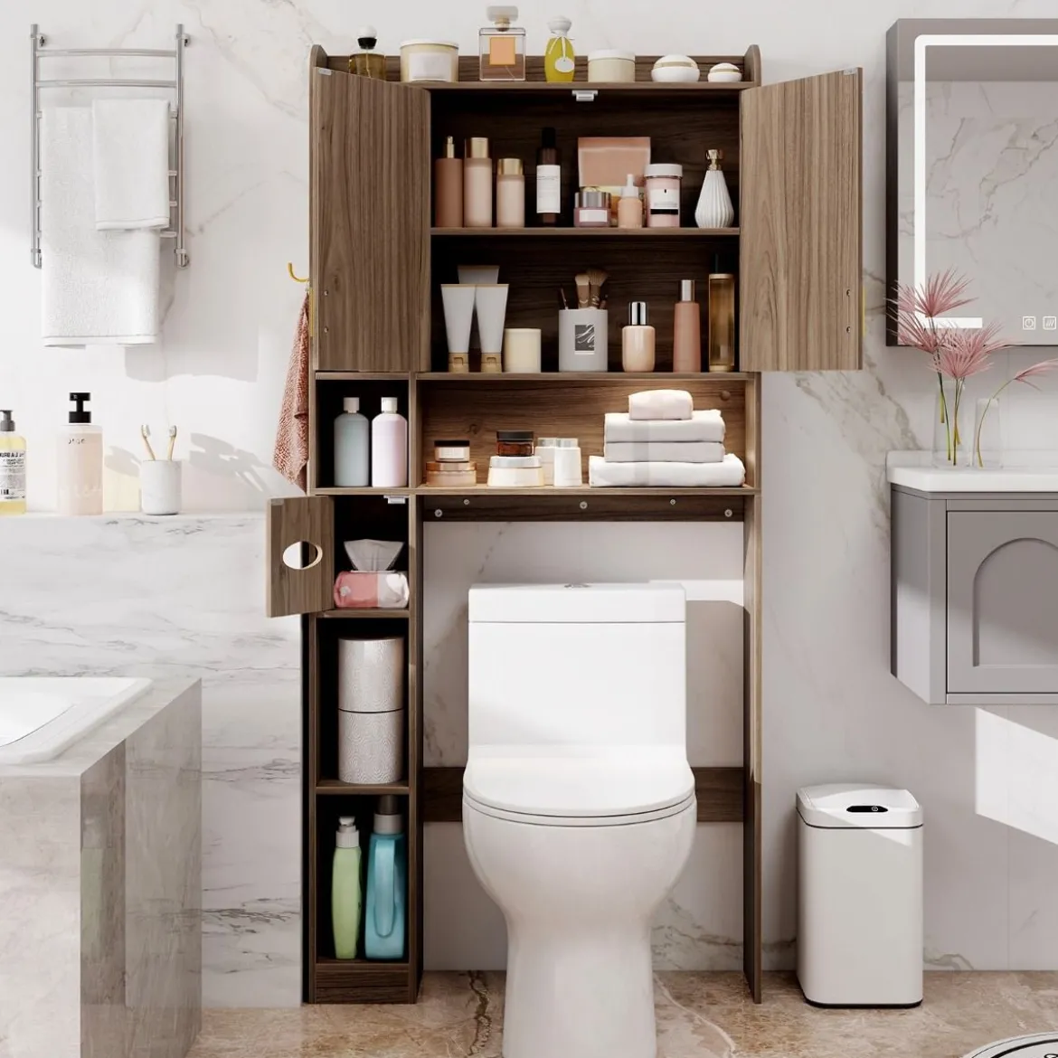 Toilettenschrank mit 2-Türschrank & 6 Offenen Fächern & Taschentuchbox Überbauschrank Grau