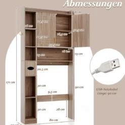 Toilettenschrank mit 2-Türschrank & 6 Offenen Fächern & Taschentuchbox Überbauschrank Grau
