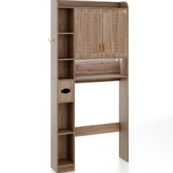 Toilettenschrank mit 2-Türschrank & 6 Offenen Fächern & Taschentuchbox Überbauschrank Grau