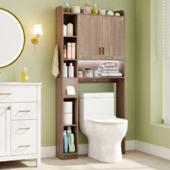 Toilettenschrank mit 2-Türschrank & 6 Offenen Fächern & Taschentuchbox Überbauschrank Grau