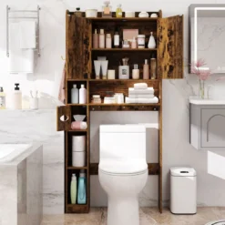 Toilettenschrank mit 2-Türschrank & 6 Offenen Fächern & Taschentuchbox Überbauschrank Braun