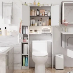 Toilettenschrank mit 2-Türschrank & 6 Offenen Fächern & Taschentuchbox Überbauschrank Weiß