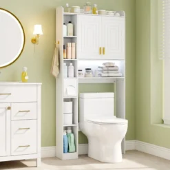 Toilettenschrank mit 2-Türschrank & 6 Offenen Fächern & Taschentuchbox Überbauschrank Weiß