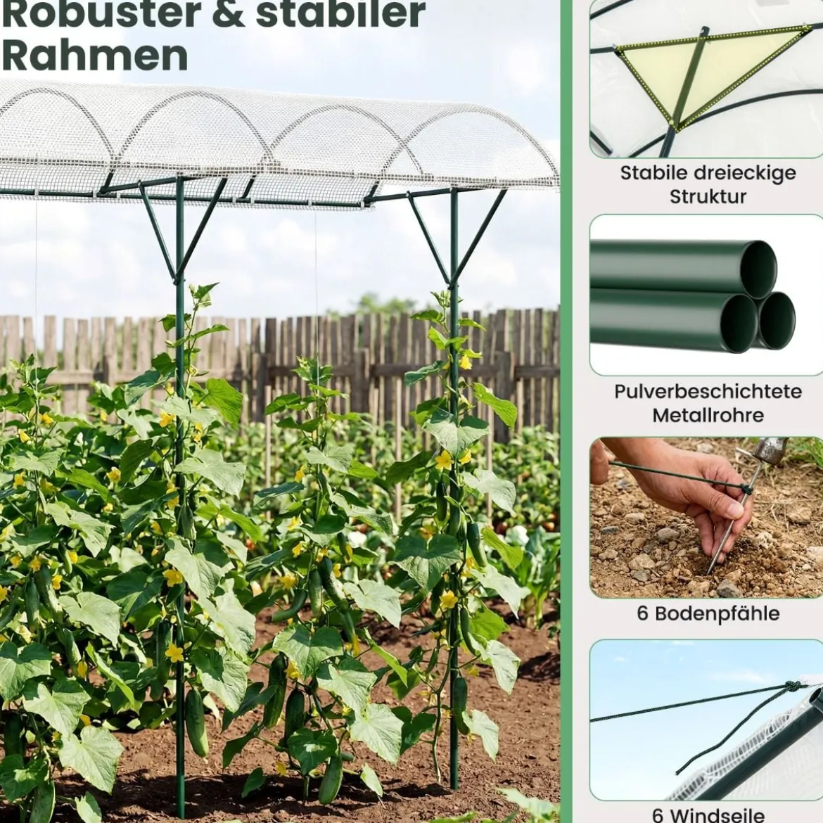 Tomatendach mit Regendichtem PE-Dach & Windseile & Bodennägel Metall Schutzdach