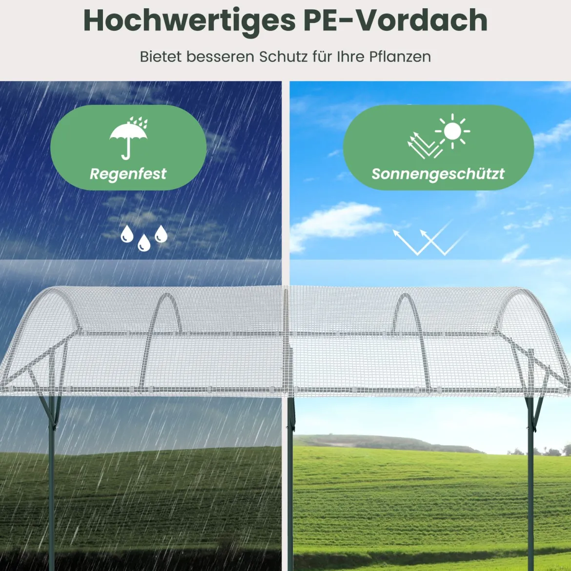 Tomatendach mit Regendichtem PE-Dach & Windseile & Bodennägel Metall Schutzdach