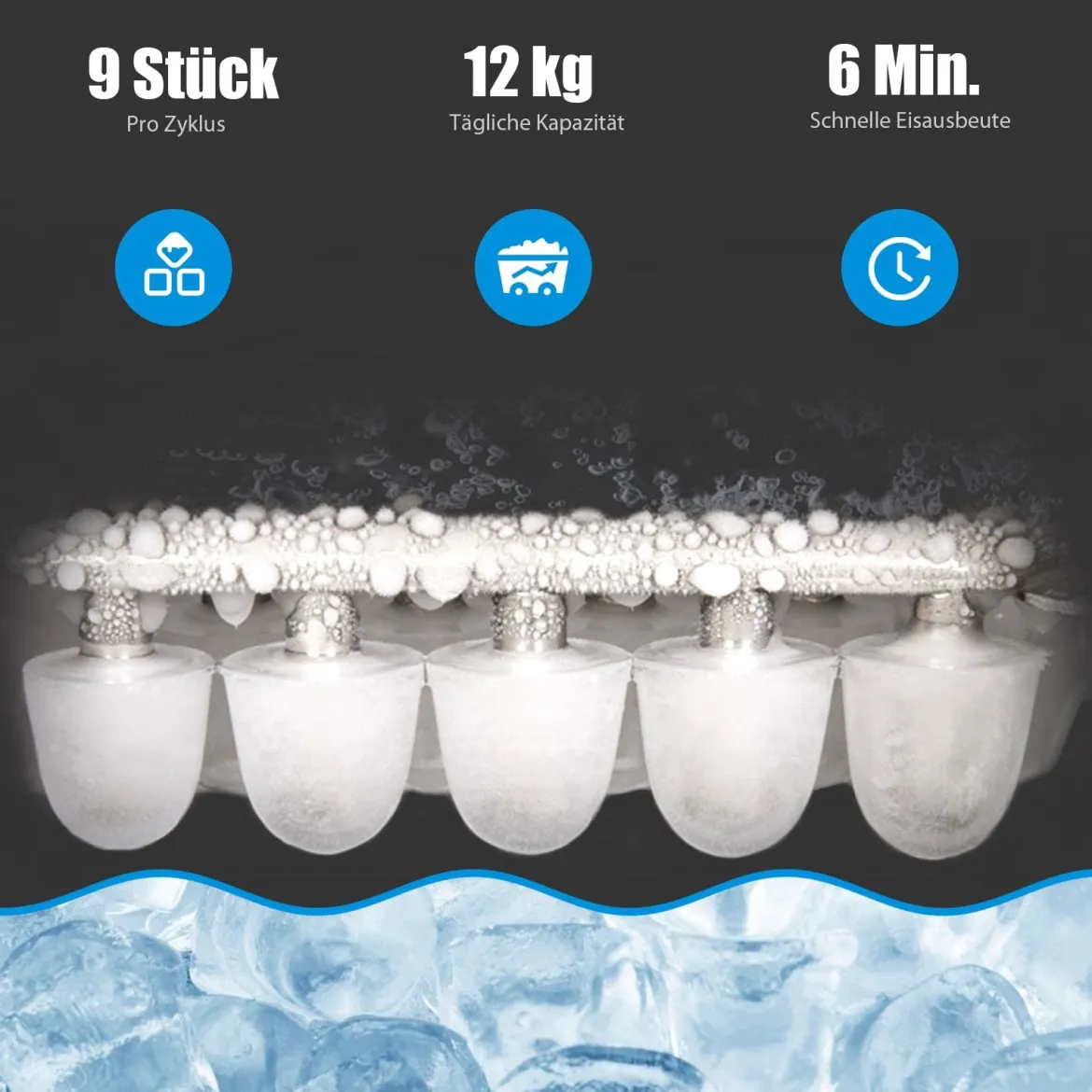 Tragbare Eismaschine mit 2,2 L Wassertank Eismaschine 24 x 33 x 36 cm Blau