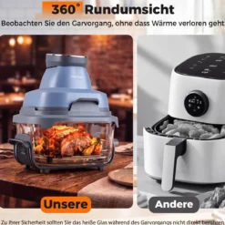 Tragbare 6-in-1 Heißluftfritteuse Heißluftfrittieren und Backen 4 L & 1,7 L Glasbehälter 1500 W Blau/Schwarz