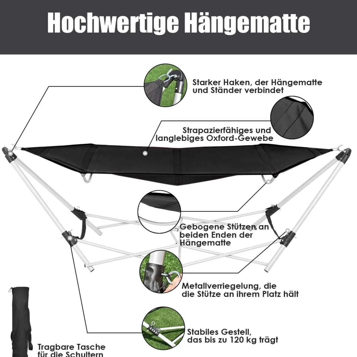 Tragbare & klappbare Hängematte abnehmbare klappbare Hängematte 240 x 80 x 73 cm Schwarz