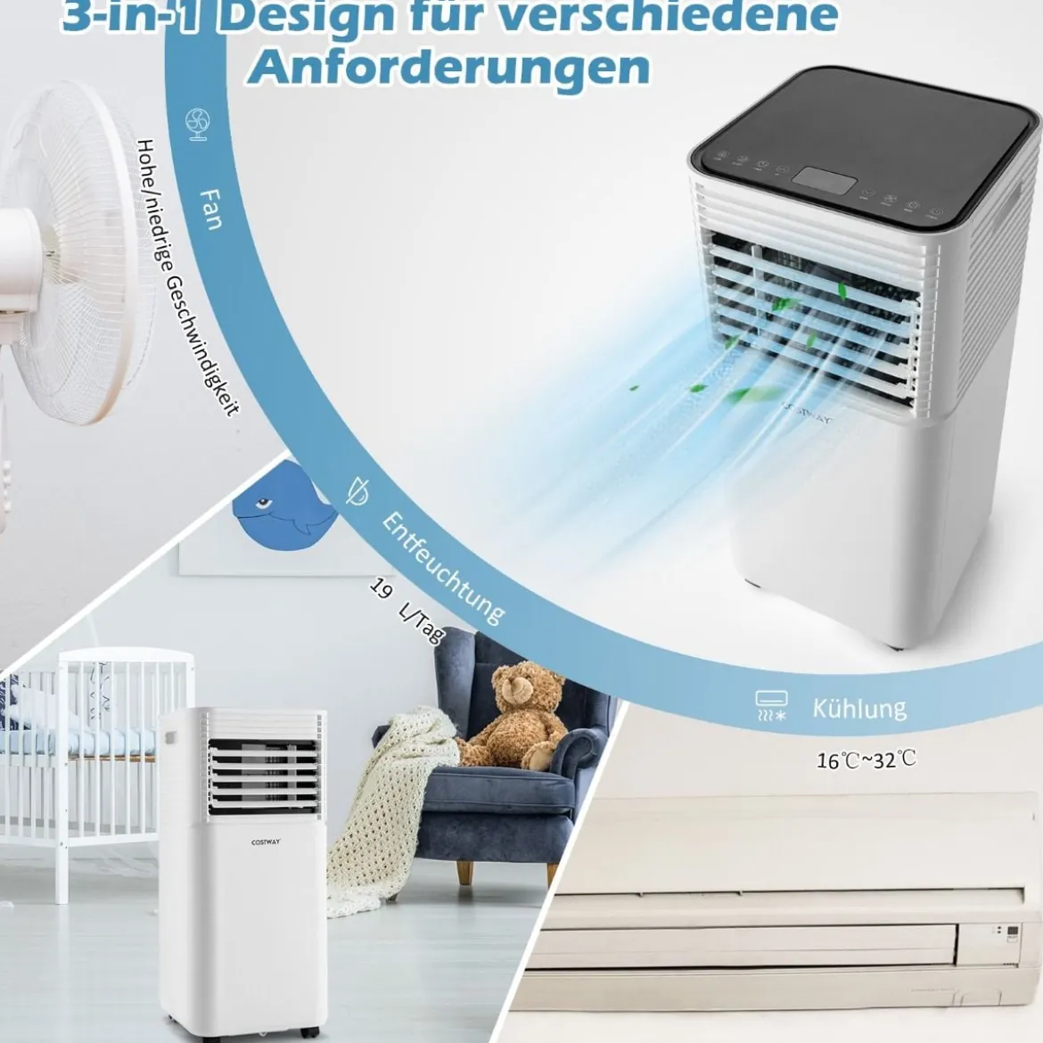 Tragbare Klimaanlage 4 in 1 Luftkühler mit Schwarzer LED-Anzeige 7000 BTU