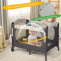 Tragbarer Babyspielplatz 3-in-1-Konvertierbarer Laufstall mit Bett 107 x 72 x 80,5 cm Grau